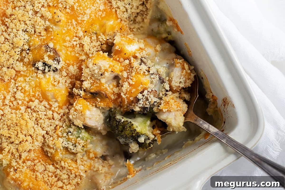 Creamy Chicken Divan casserole with tender broccoli and golden crust, ready to serve with a spoon