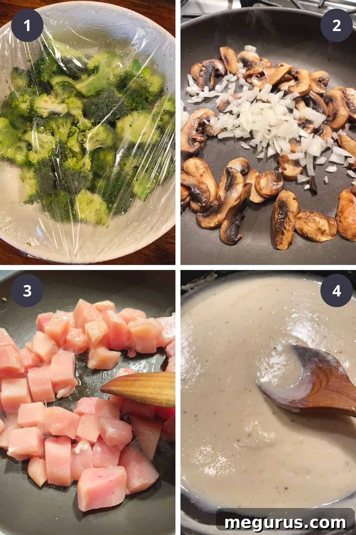 Photo collage showing first steps of making chicken divan: cooking broccoli, sautéing mushrooms and onions, and browning chicken.