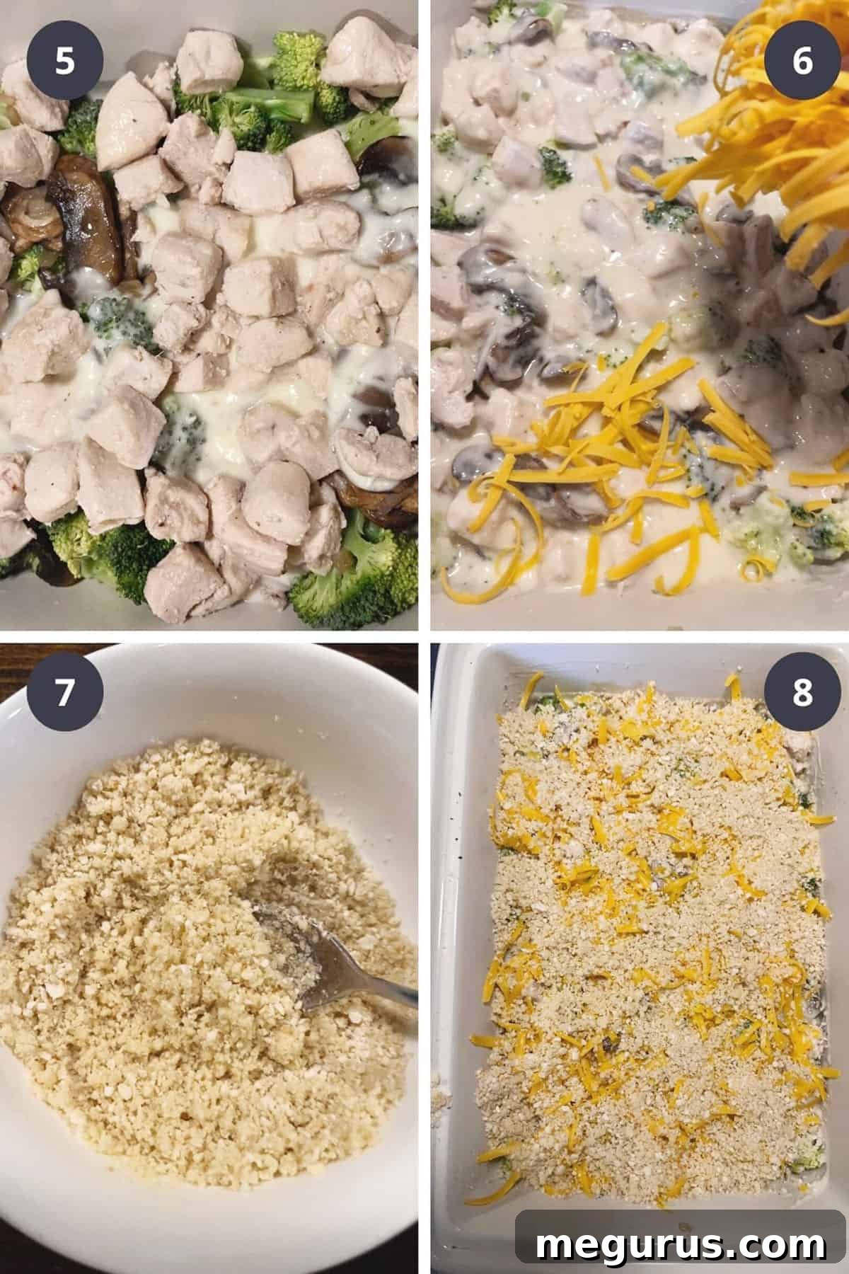 Photo collage showing final steps of making chicken divan: combining ingredients with sauce, topping with cheese, mixing breadcrumbs, and baking.