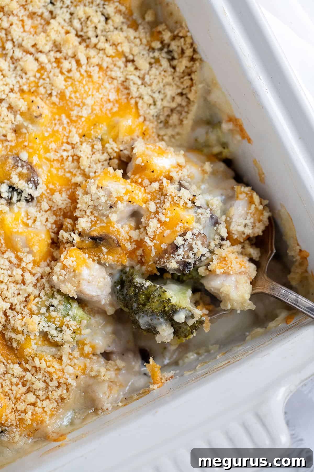 Close-up of baked Chicken Divan in a white casserole dish, showing the golden-brown crust and creamy interior.