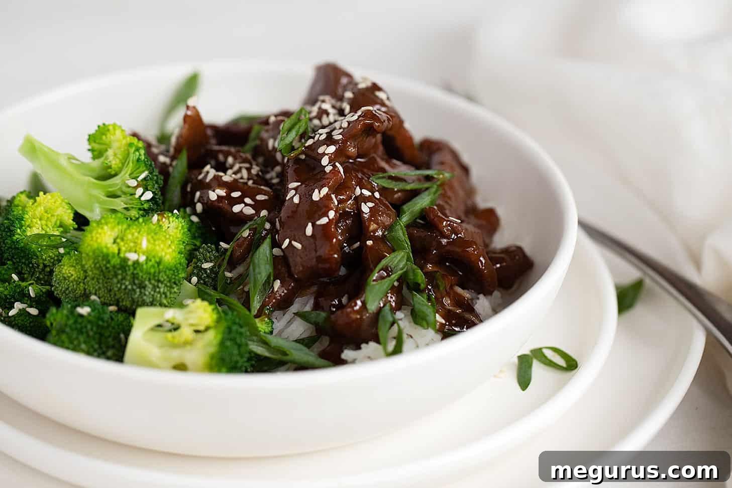 Mongolian beef in bowl with broccoli and rice