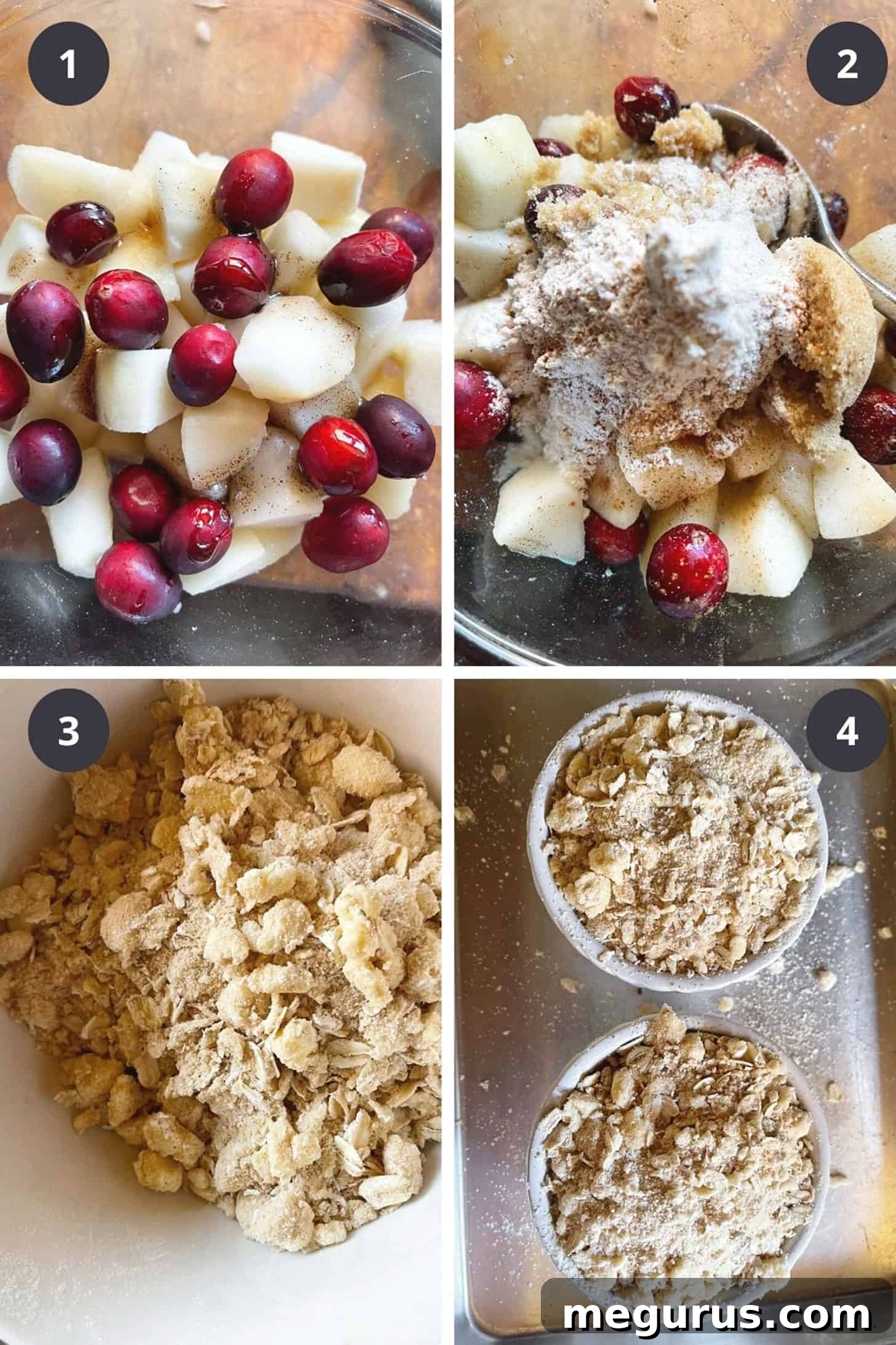 Photo collage illustrating steps to prepare cranberry pear crisp, including mixing fruit and topping ingredients.