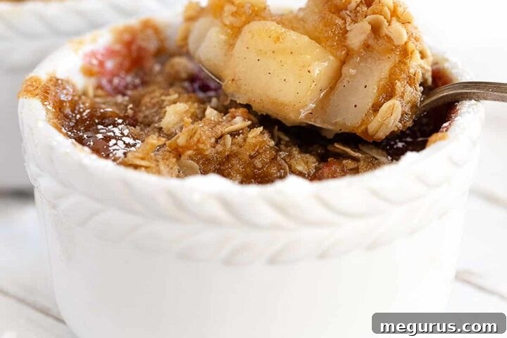 A close-up of a cranberry pear crisp in a white ramekin, ready to be served.