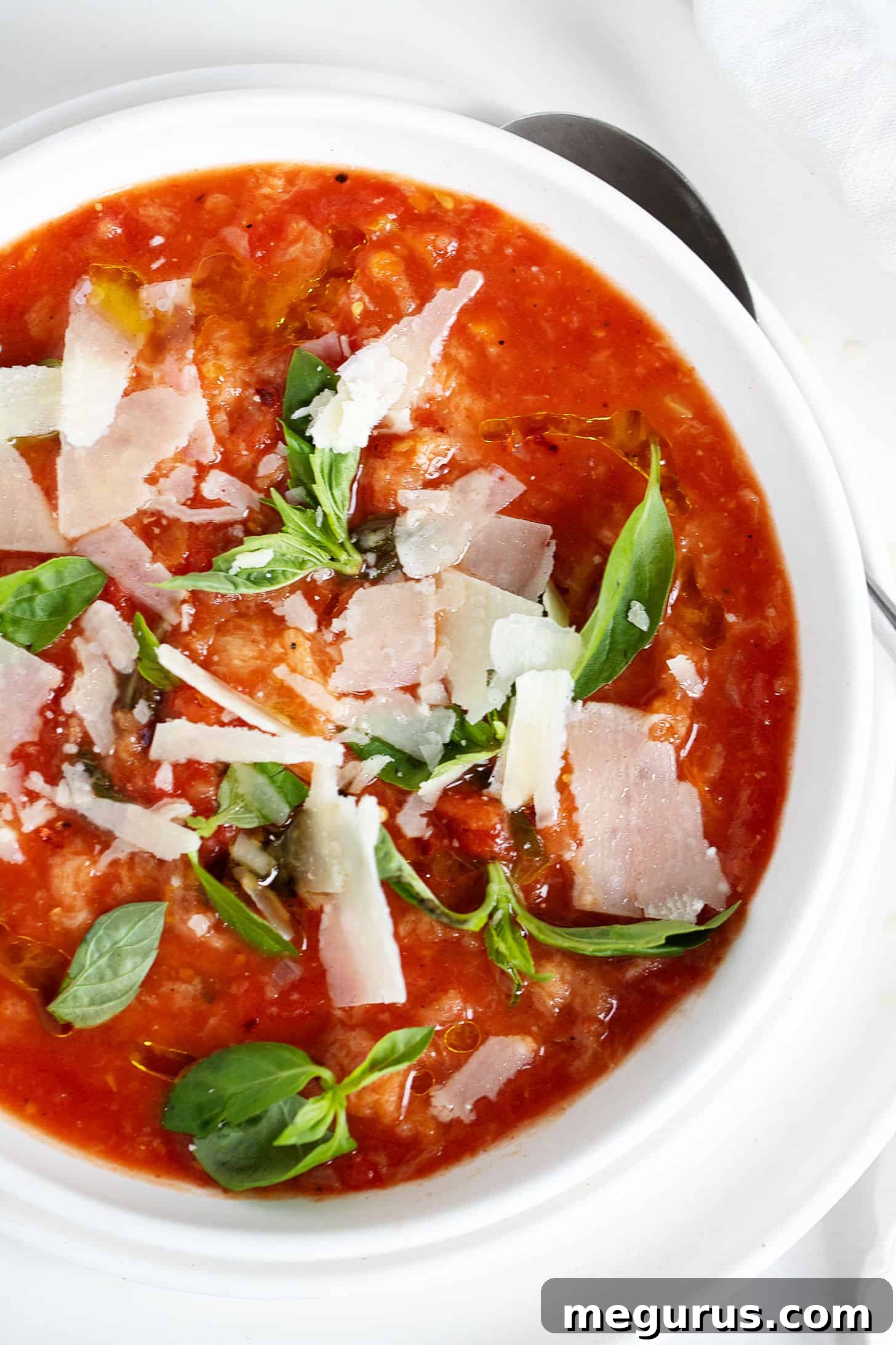 Close-up of a bowl of Pappa al Pomodoro, showing its thick texture, pieces of bread, and fresh basil garnish.
