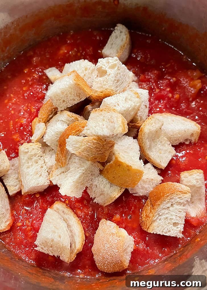 Toasted bread cubes being gently stirred into the simmering tomato mixture in the pot.