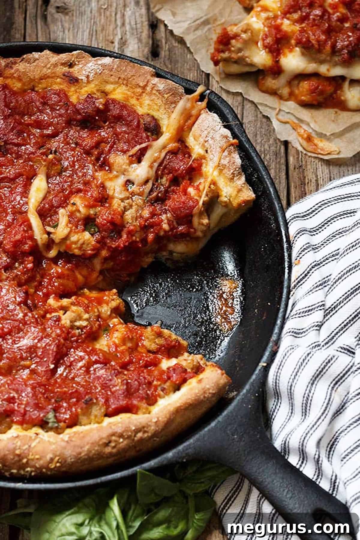 Freshly baked Chicago style deep dish pizza with a golden crust, ready to be served