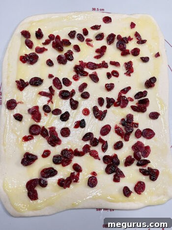 Cranberries and lemon curd scattered on rolled dough