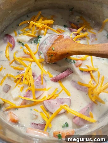 Shredded cheese melting into the hot potato kielbasa soup.