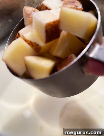 Cubed potatoes being added to the simmering soup base.