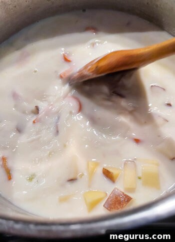 The potato and vegetable soup simmering gently on the stove.