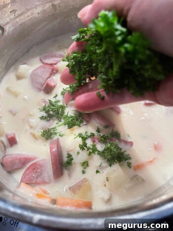 Freshly chopped parsley being added to the finished soup.
