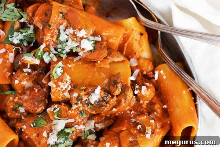 pasta with mushroom ragu on serving dish