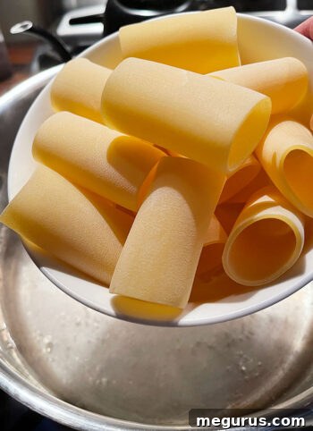 Short pasta being added to a pot of vigorously boiling salted water