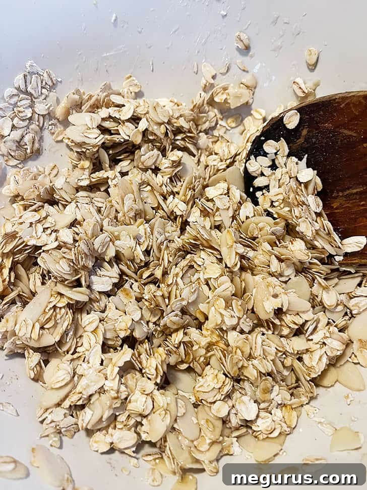 Granola mixture thoroughly combined and coated with the liquid sweetener, ready for its final bake.