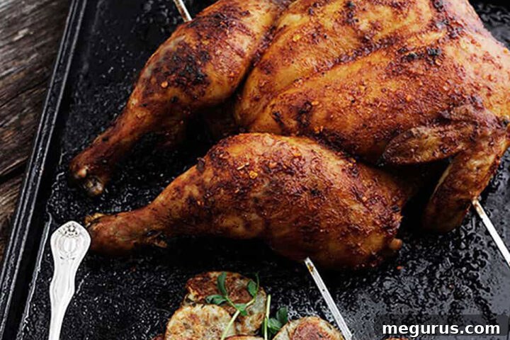 Spatchcocked Piri Piri Chicken on a Baking Sheet with Roasted Potatoes