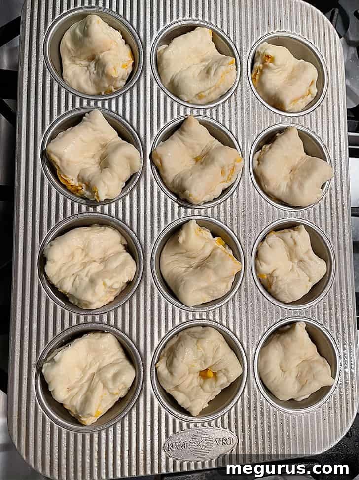 Cut cheese bun pieces placed into a greased muffin tin, ready for their final rise.