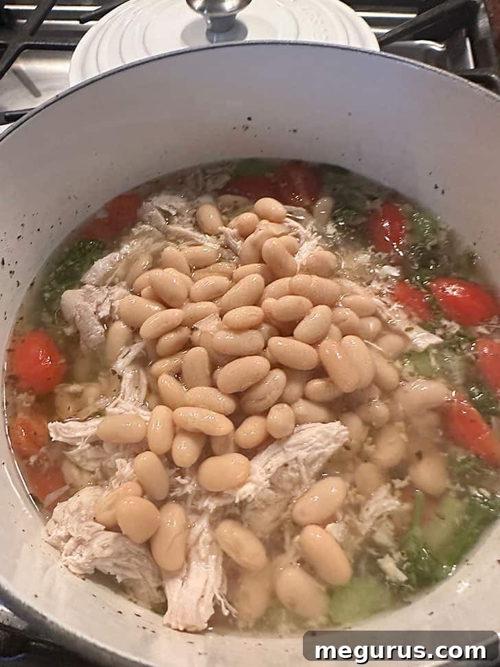 Adding rinsed white kidney beans (cannellini) to the soup pot with other ingredients.