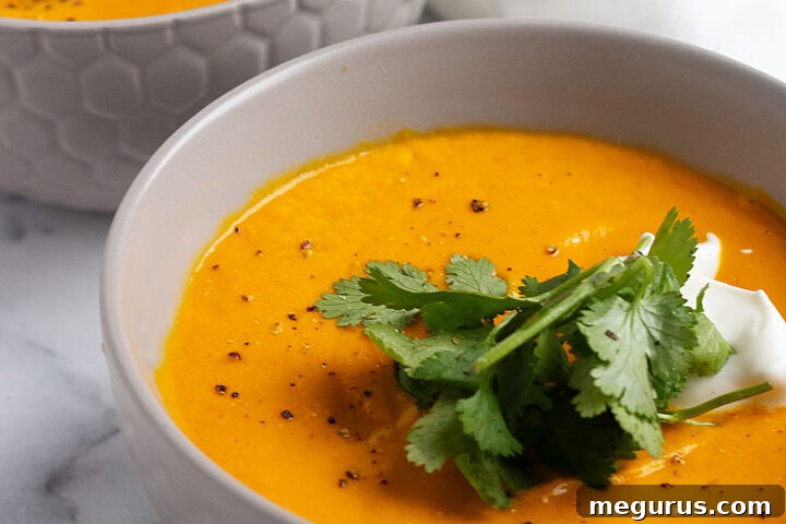 A vibrant, close-up shot of Thai Carrot Soup with Coconut Milk in a bowl, showing a smooth texture and garnished with fresh herbs, ready to be served.