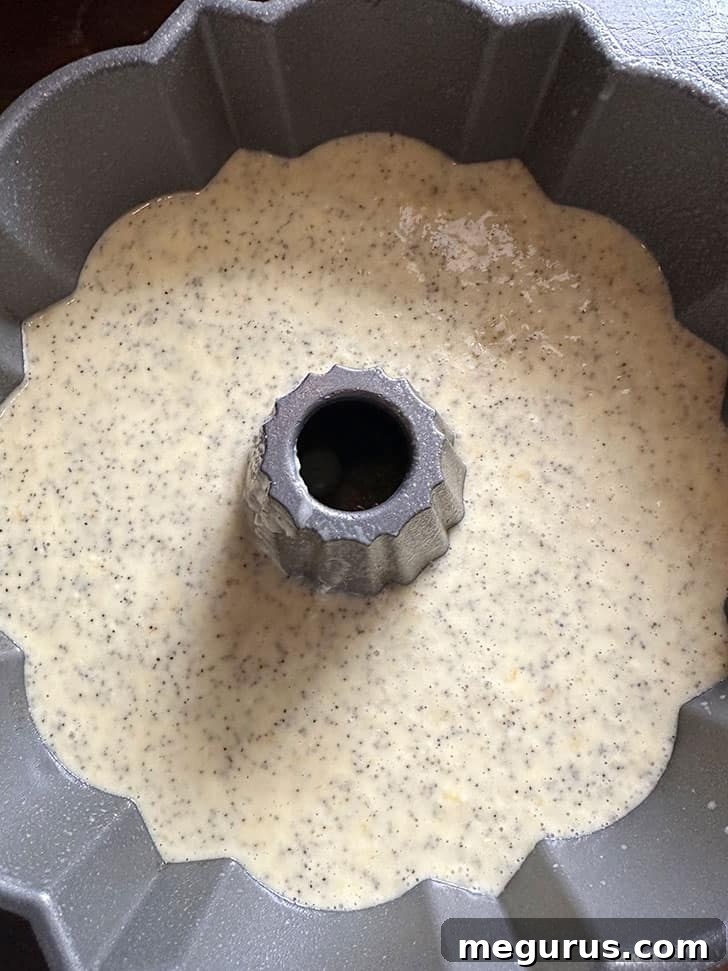 Batter poured into a prepared Bundt pan.