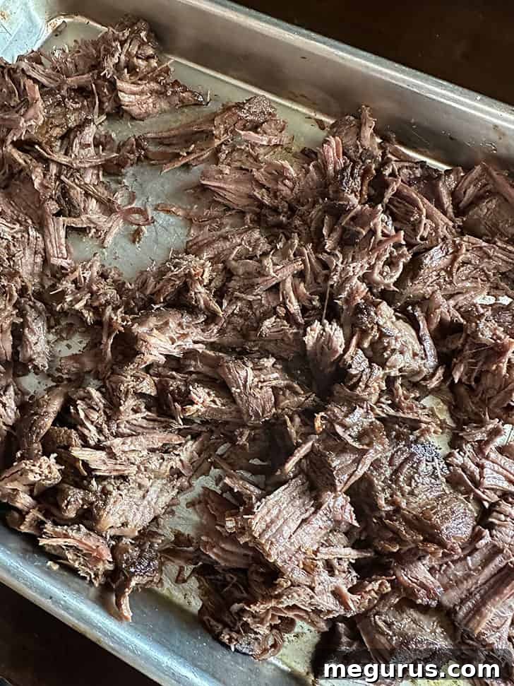 Shredding the cooked barbacoa beef with two forks, demonstrating its tender texture after slow braising.