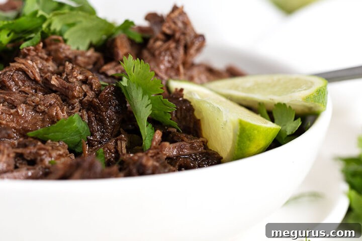 A bowl of Chipotle-style Barbacoa, garnished with fresh cilantro and lime wedges, emphasizing its readiness to be enjoyed.