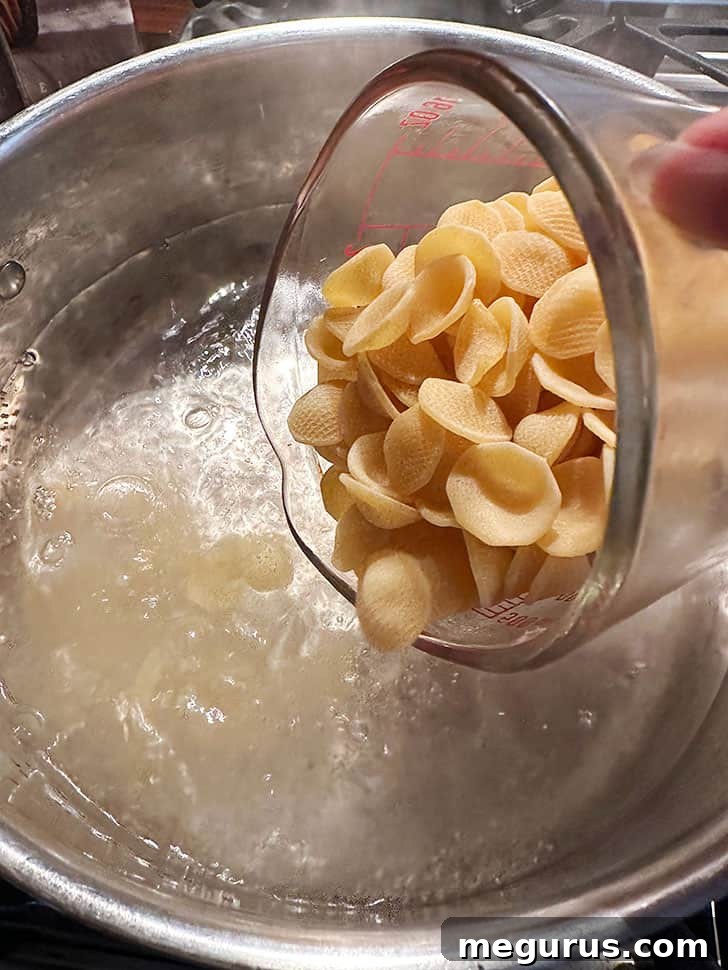 adding orecchiette pasta to boiling water