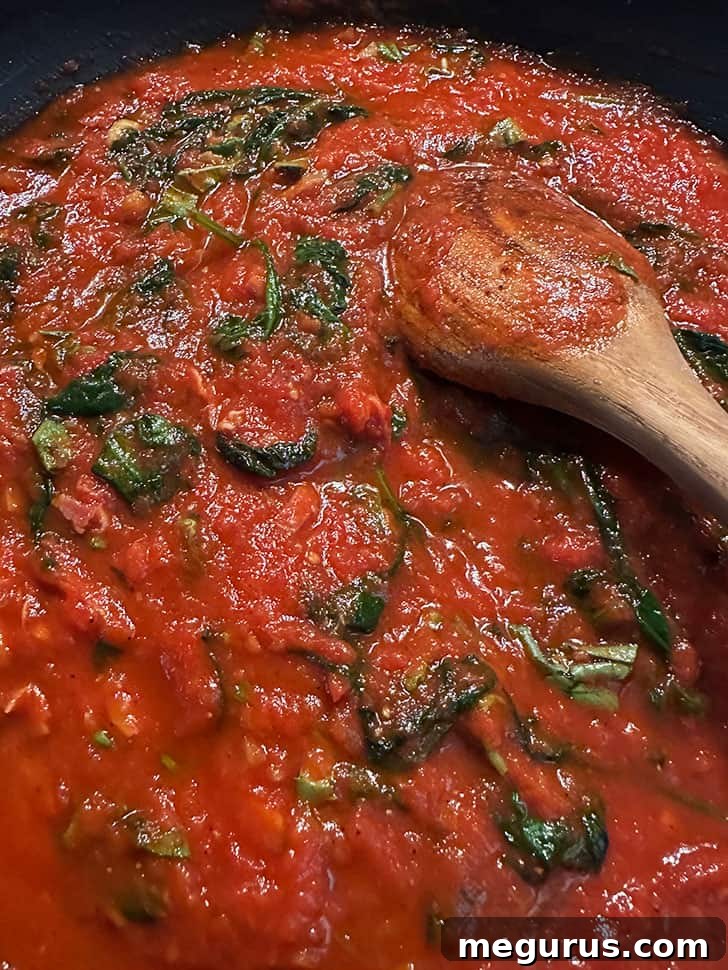 skillet after adding marinara sauce
