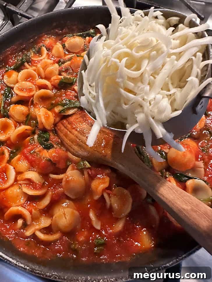skillet after adding pasta and adding mozzarella cheese