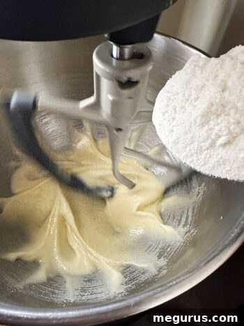 Dry flour mixture being gently folded into the wet batter in a mixing bowl.