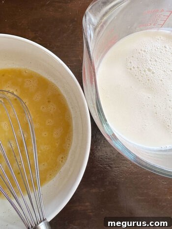 Hot cream mixture ready to mix with egg mixture