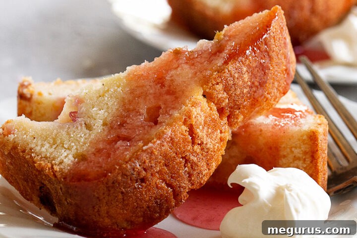 Close-up of a rhubarb tea cake with rhubarb syrup on a plate, highlighting its texture and inviting presentation.