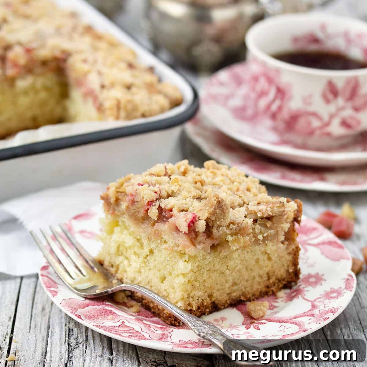 A delicious rhubarb coffee cake, ready to be served.