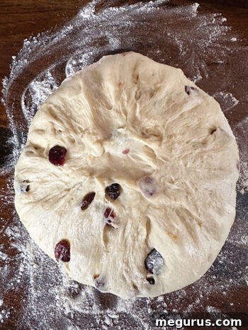 Soft, risen dough being gently formed into a smooth, round ball on a floured surface.