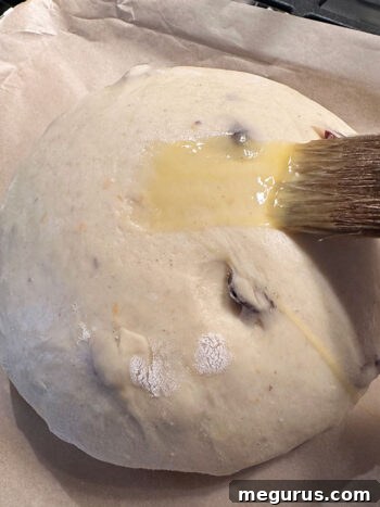 The dough brushed with egg wash, ready for baking, showcasing a shiny surface.