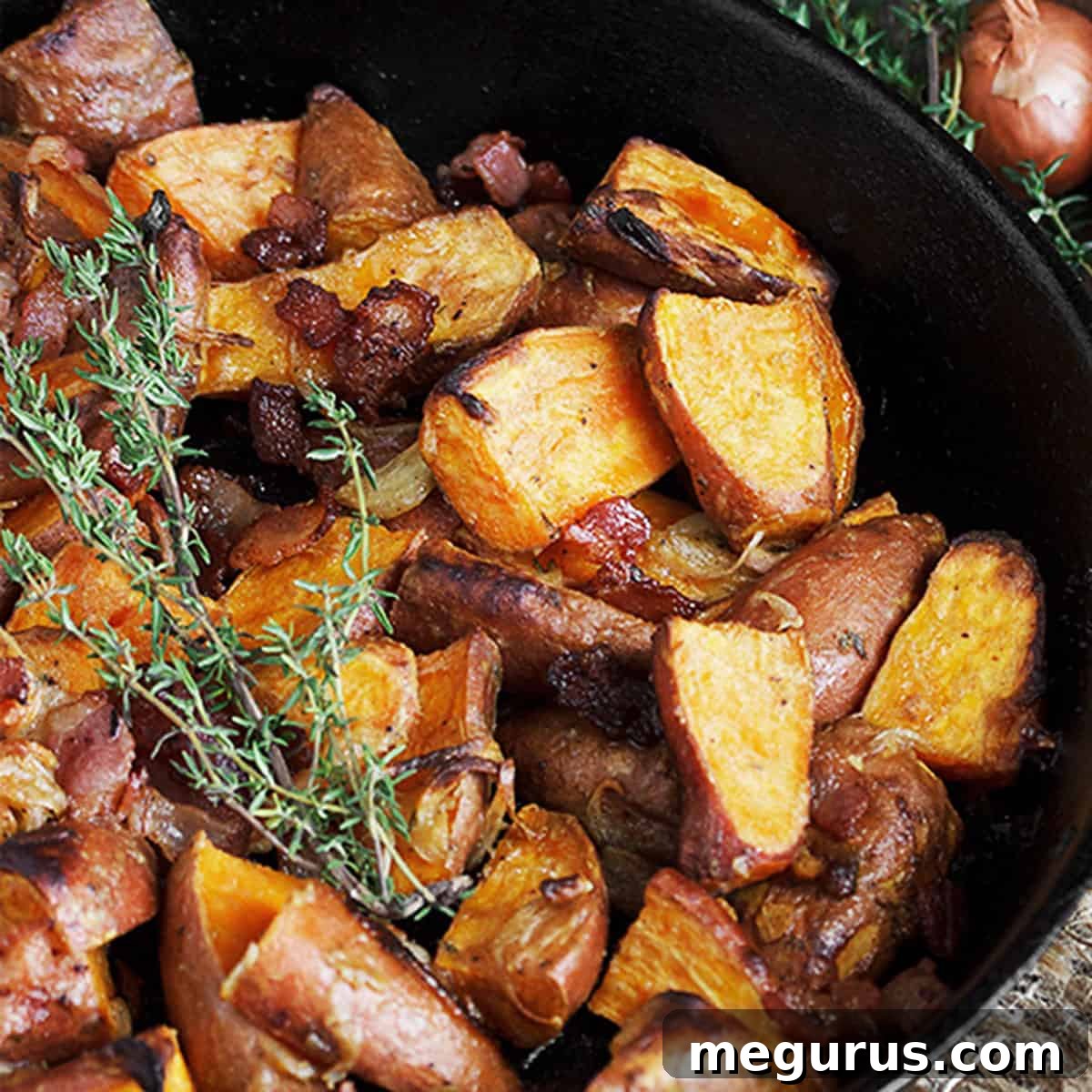 dijon roasted sweet potatoes in cast iron skillet