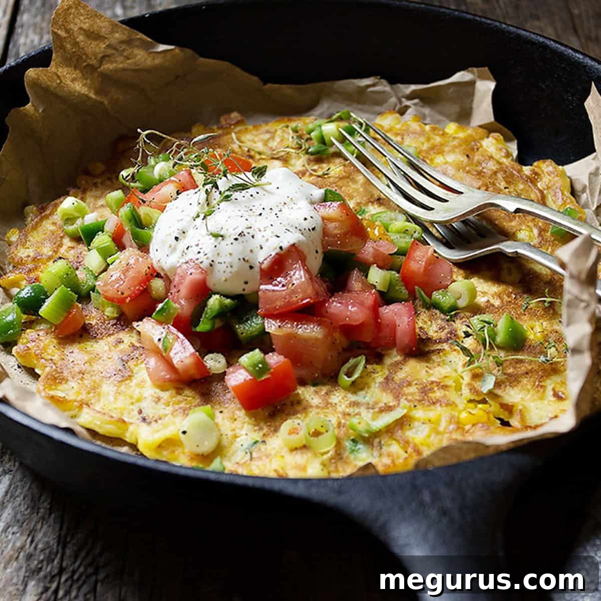 savoury corn pancake in skillet with jalapenos and tomatoes