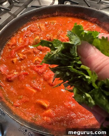 adding cilantro to skillet