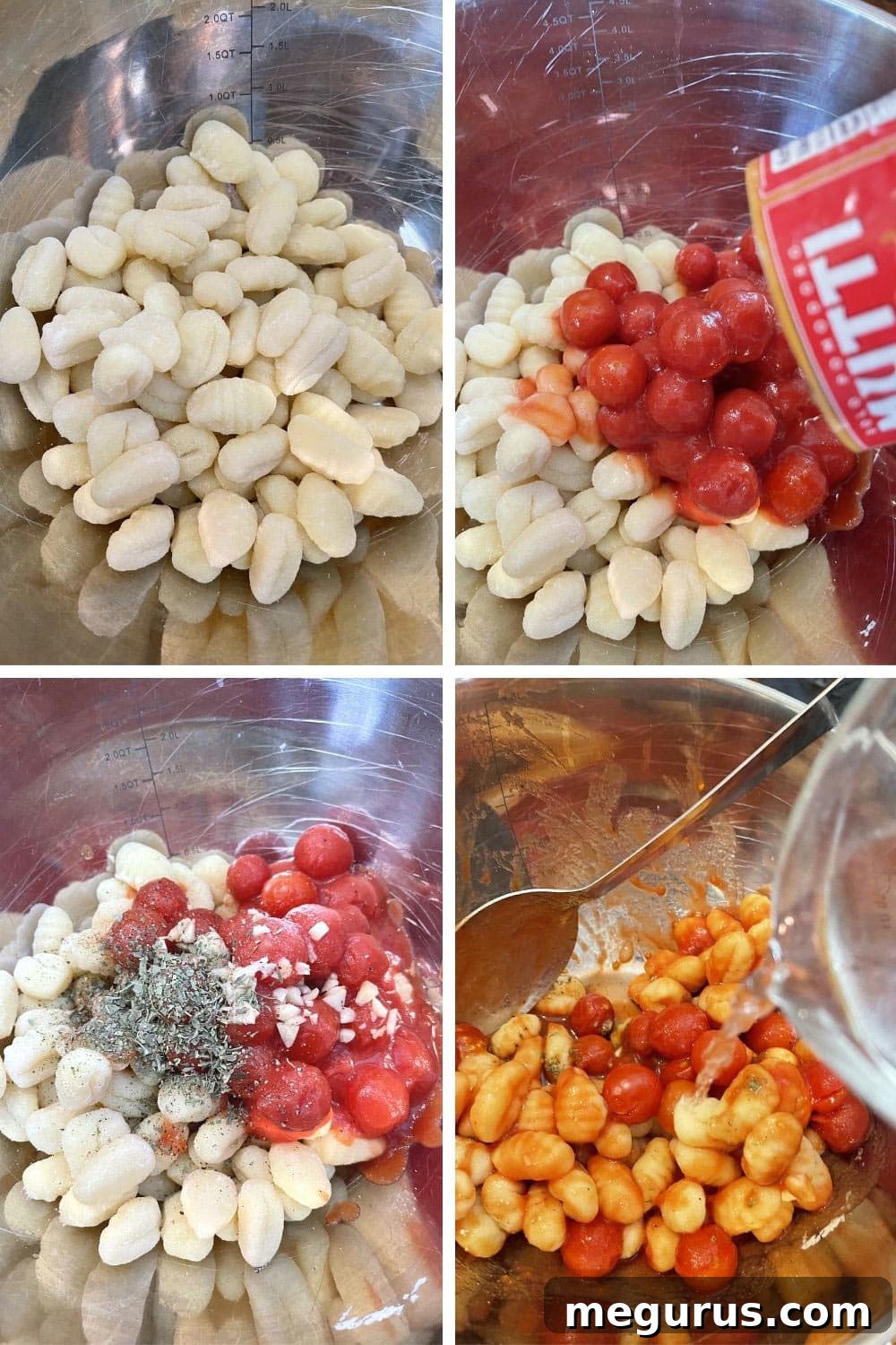 photo collage of steps to make baked gnocchi: combining ingredients in a bowl