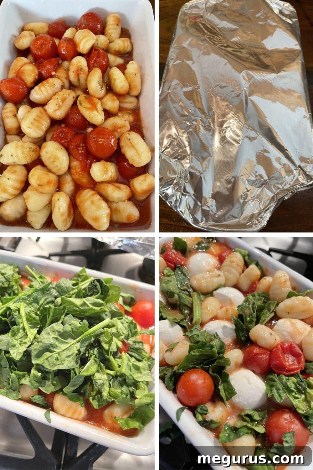 photo collage of steps to make baked gnocchi: baking dish covered with foil, then with spinach and bocconcini