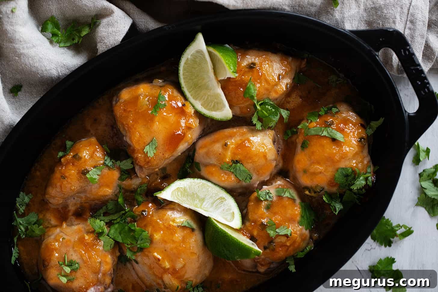 Delicious Mango Chutney Chicken in a baking dish, ready to serve with rice