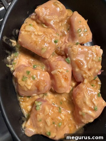 Mango chutney sauce poured over raw chicken in a baking dish