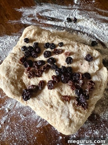 Drained dried blueberries and raisins being incorporated into the kneaded dough.