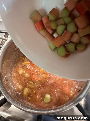 Rhubarb simmering in a saucepan, with more rhubarb being added