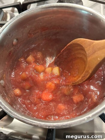 Finished rhubarb compote in a saucepan