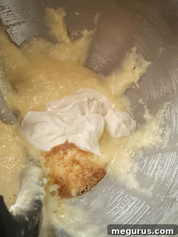 Pouring vanilla extract and sour cream into the wet ingredients, preparing for mixing.