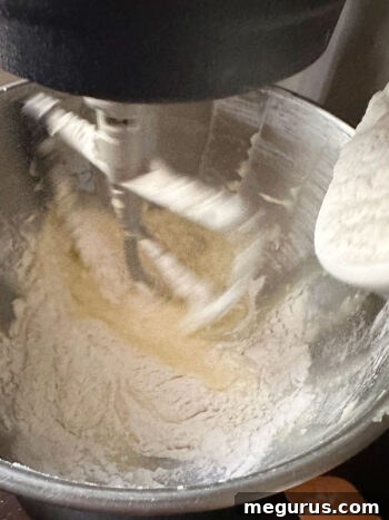 Gently folding the dry flour mixture into the wet batter, ensuring not to overmix.