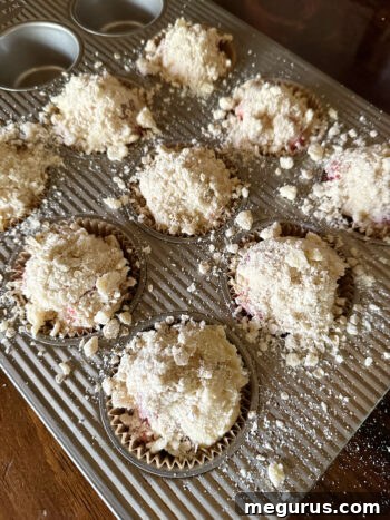 Strawberry rhubarb muffins with streusel topping before baking, showing the even distribution.