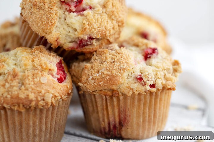 Close-up of a freshly baked Strawberry Rhubarb Muffin with crispy streusel topping, displaying its soft crumb and fruit pieces.