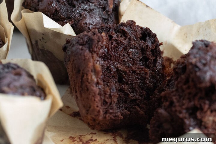 Delicious chocolate zucchini muffins with walnuts, cut open to show the moist interior.