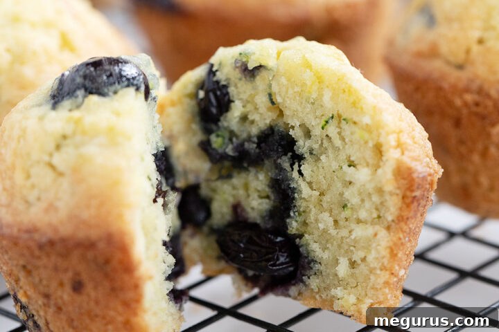 A cluster of golden brown Blueberry Zucchini Muffins on a wire rack.